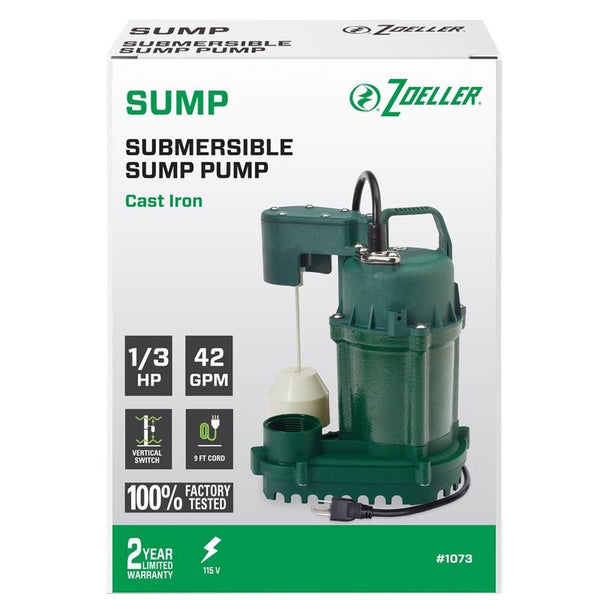 Zoeller 1/3 HP 2520 gph Cast Iron Vertical Float Switch AC Submersible Sump Pump 9 ft³