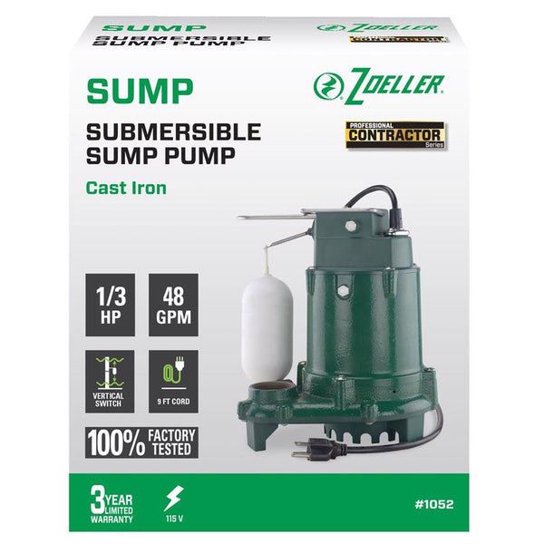 Zoeller 1/3 HP 2880 gph Cast Iron Vertical Float Switch AC Submersible Sump Pump 9 ft³
