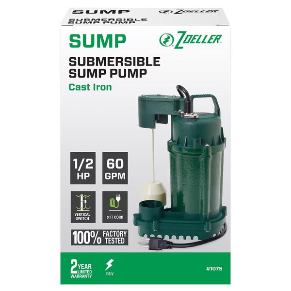 Zoeller 1/2 HP 3600 gph Cast Iron Vertical Float Switch AC Submersible Sump Pump 9 ft³